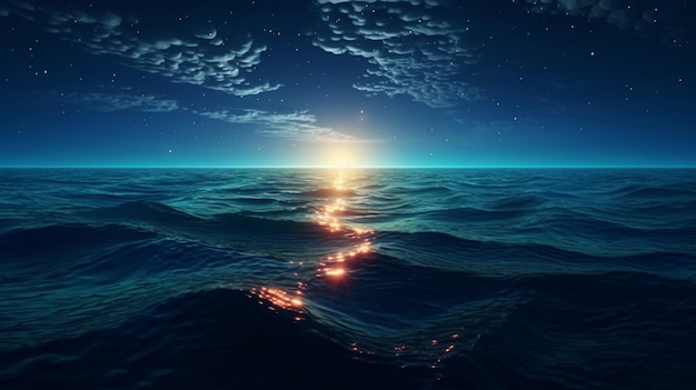 Widok zachodu słońca nad oceanem z jasnym światłem generującym ai