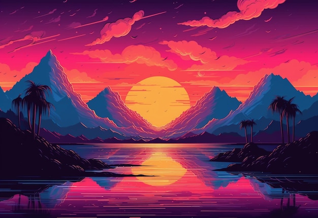 widok zachodu słońca z górami i jeziorem generatywnym ai