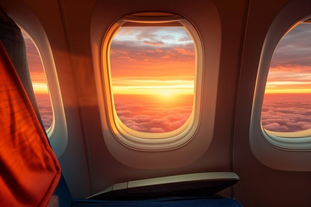 Widok zachodu słońca z okna samolotu Generative Autor: Ai