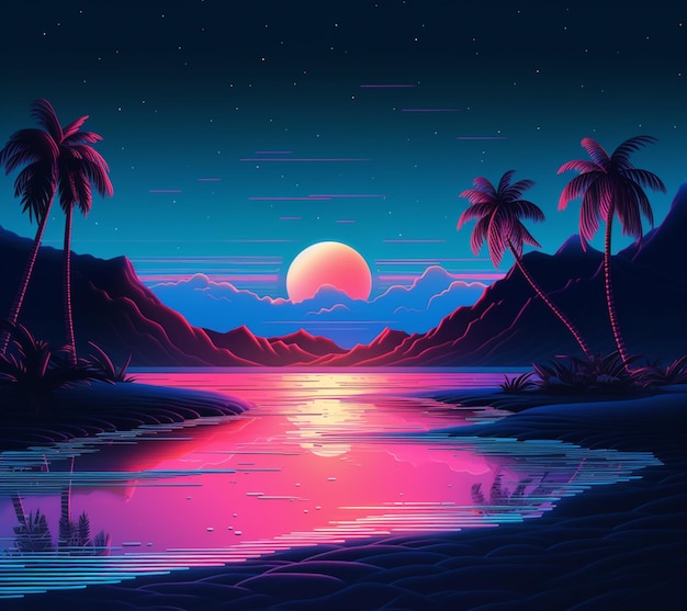 Widok zachodu słońca z palmami i akwenem generatywnym ai
