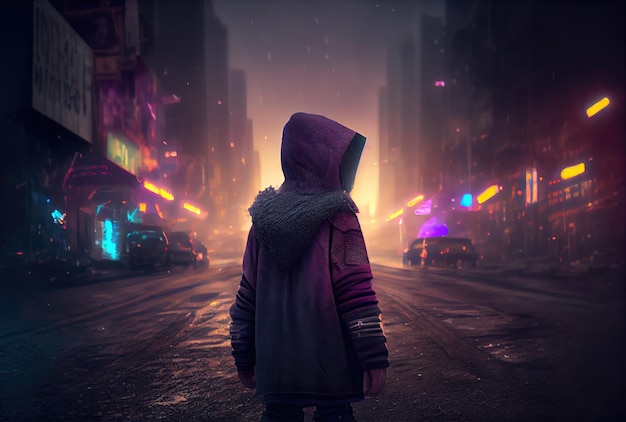 Widok zaginionego dziecka z tyłu stał na środku ulicy w kostiumie z kapturem na cyberpunkowym ciemnym tle miasta Koncepcja ludzi i stylu życia Ilustracja cyfrowa Generative AI