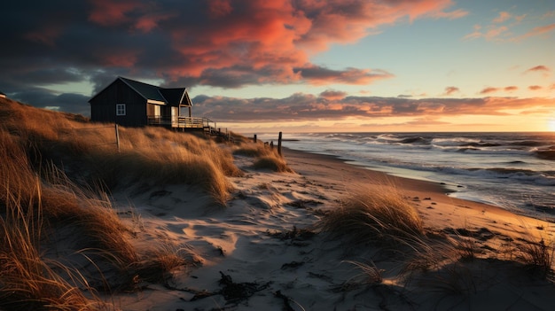 Widoki na plażę, morze, wydmy piaskowe i domy z pięknem wschodu słońca.