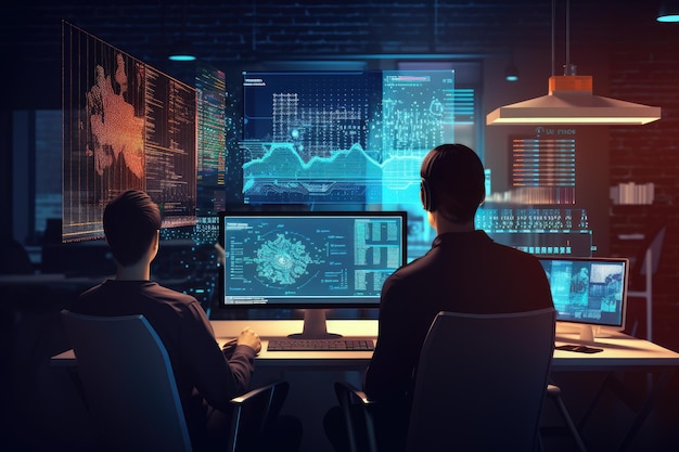 Widziano mężczyznę siedzącego przy biurku z dwoma monitorami w profesjonalnym biurze Programista i mężczyznę przy komputerze do kodowania skryptu Wygenerowane przez sztuczną inteligencję