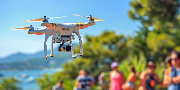 Widzowie zahipnotyzowani eleganckością białego i żółtego zdalnie sterowanego drona