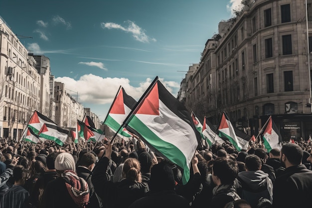Wiec wsparcia dla narodu palestyńskiego z flagami palestyńskimi