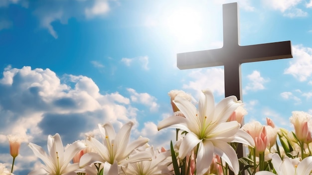 Wieczna nadzieja drewniany krzyż i białe lilie pod niebieskim niebem