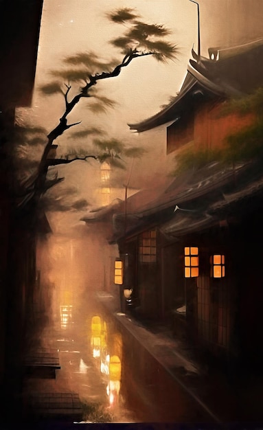 Wieczorna ulica starego japońskiego miasta ilustracja