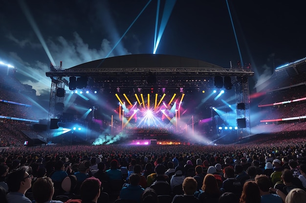 Wieczorny koncert rockowy przed liczną publicznością na stadionie plenerowym z pokazem laserowym