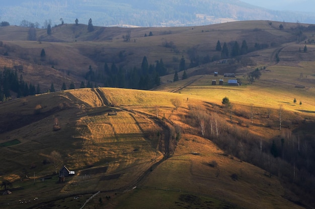 Wieczorny krajobraz z drogą w górskiej wiosce. Światło słoneczne na wzgórzu. Karpaty, Ukraina