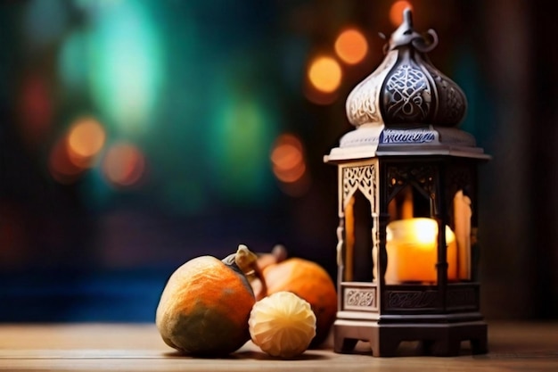 wieczorny meczet z półksiężycem muzułmanin świąteczny stół i wzór na Eid ulfitr
