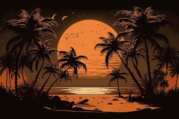 Wieczory na plaży ukoją pomarańczowe letnie niebo z ciemnymi palmami kokosowymi