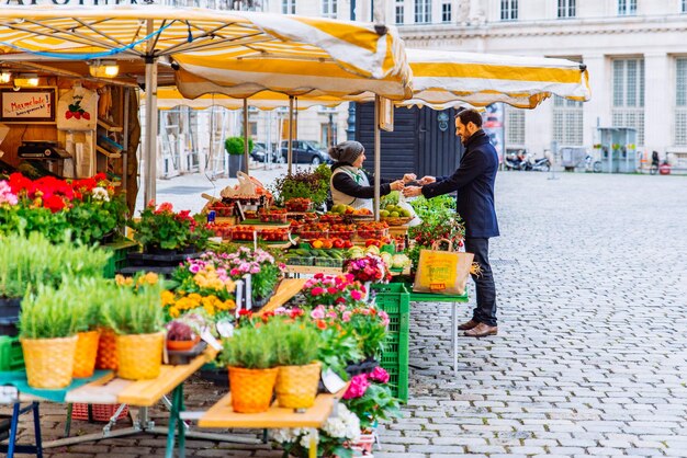 Wiedeń Austria 16 maja 2019 lokalny rynek z owocami i warzywami na placu miejskim kopiuj przestrzeń