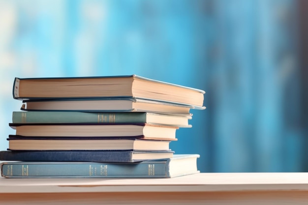 Wiedza w niebieskich odcieniach Książki na drewnianym stole na pastelowym tle
