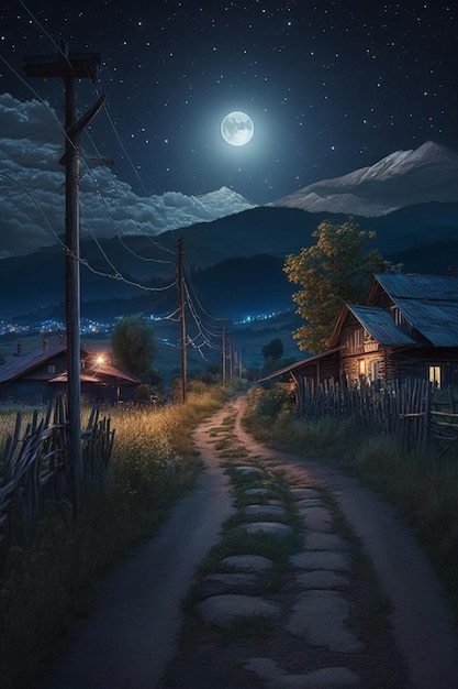Wiejska droga w nocy z pełnią księżyca na niebie generatywnym ai