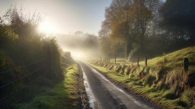 Wiejska droga we mgle ze słońcem świecącym na horyzoncie