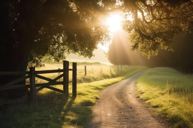 Wiejska droga z bramą i słońcem świecącym przez drzewa