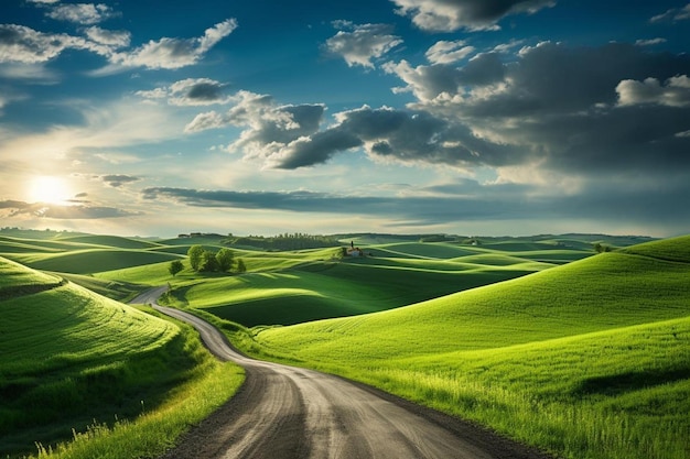 wiejska droga z zielonym polem i niebieskim niebem z chmurami