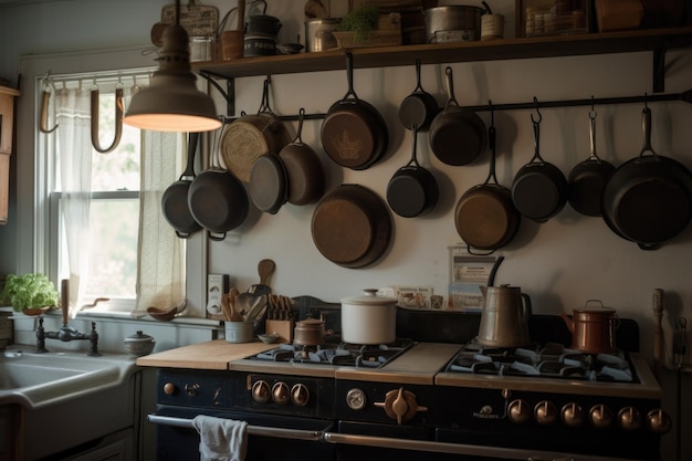 Wiejska kuchnia z ceramicznymi garnkami i patelniami wiszącymi nad piecem stworzona za pomocą generatywnej ai