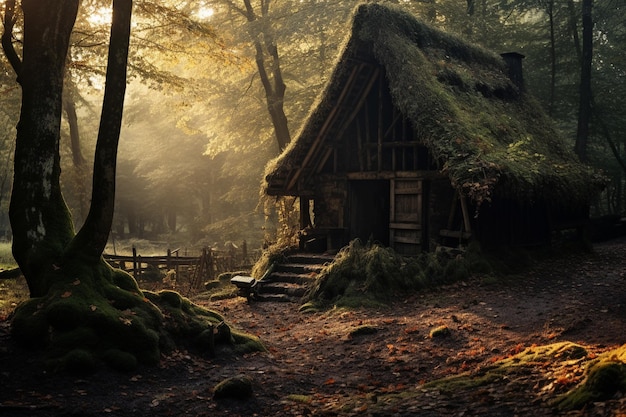 wiejska scena chaty w lesie ze starym dachem