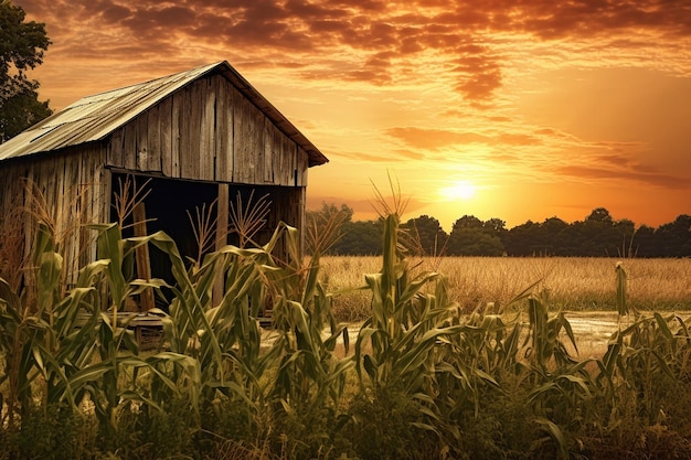 Wiejska scena starej kołyski kukurydzianej przy zachodzie słońca wywołująca poczucie nostalgii