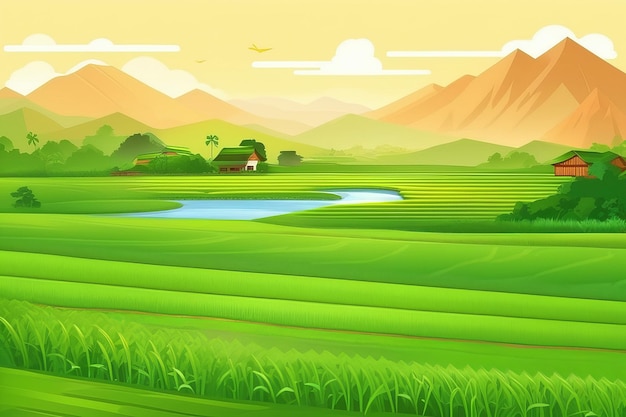 Wiejski gobelin z polami ryżowymi i wzgórzami