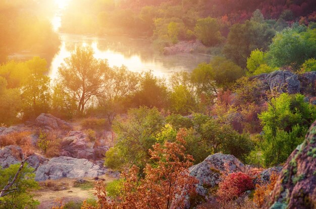 Wiejski jesienny wschód słońca miękki krajobraz z rzeką i kolorowymi drzewami, sezonowe tło