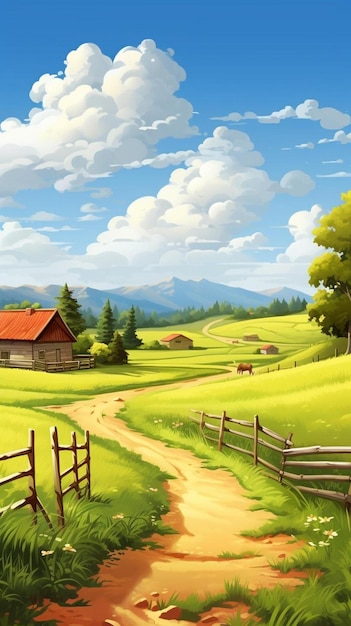 wiejski krajobraz z gospodarstwem rolnym i domem wiejskim.