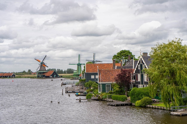 Wiejski krajobraz z wiatrakiem w Zaanse Schans Holandia Holandia Autentyczny młyn Zaandam Piękny krajobraz Holandii