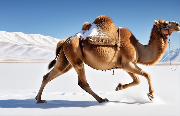 Zdjęcie wielbłąd biegający na tle ścieżki pustynna natura dzika przyroda i śnieg
