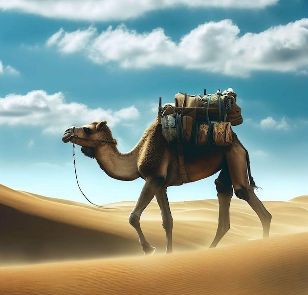 wielbłąd chodzący po pustyni z tyłu