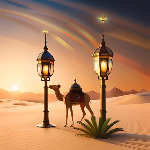 Wielbłąd i dwie latarnie są na pustyni.