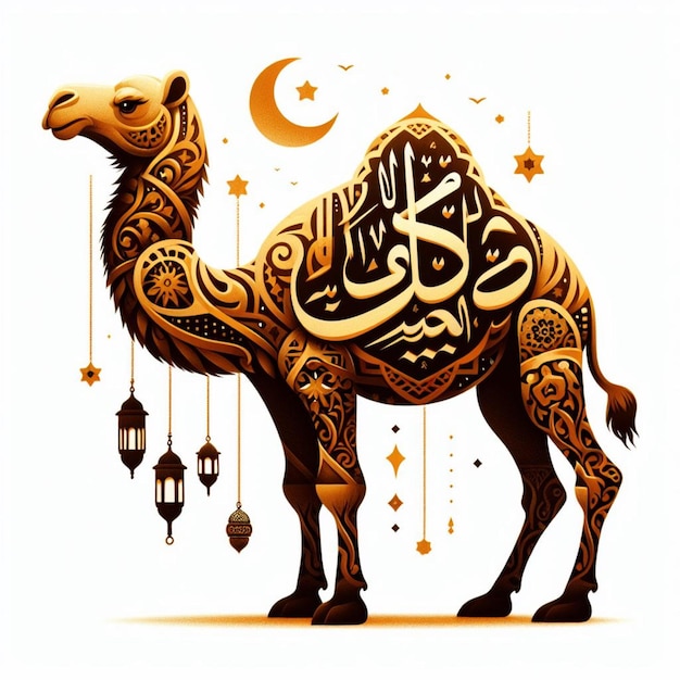 wielbłąd z arabską kaligrafią i księżycem na szczycie