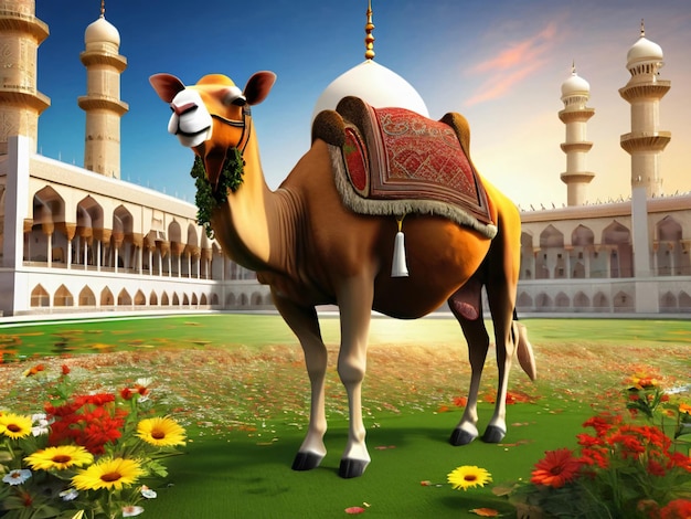 wielbłąd z wzorem na plecach siedzi na polu kwiatów Eid ul Adha powiązane tło 01