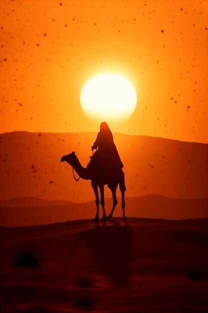 wielbłądy i ludzie na pustyni arabskiej o zachodzie słońca tworzą przy użyciu generatywnych narzędzi AI