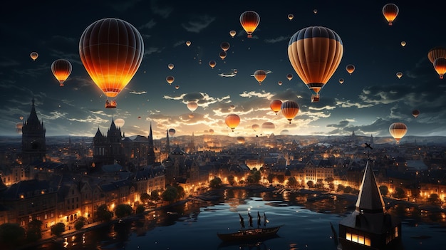 Wiele balonów na gorące powietrze unosi się nad miastem w nocy z pomarańczowym blaskiem słońca widocznym w tle