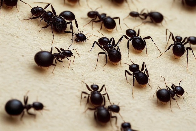 Wiele czarnobrązowych owadów w postaci mrówek kłębi się na żółtym tle