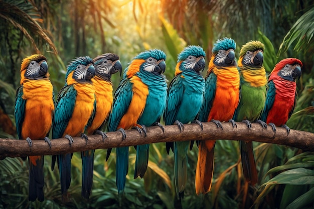 Zdjęcie wiele dużych kolorowych papug siedzi na gałęzi w dżungli.