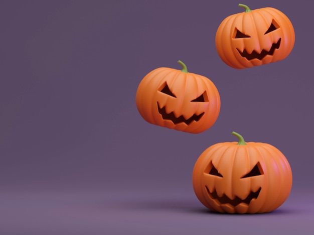 Wiele dyń Halloween z rzędu na białym tle na renderowaniu 3d w tle