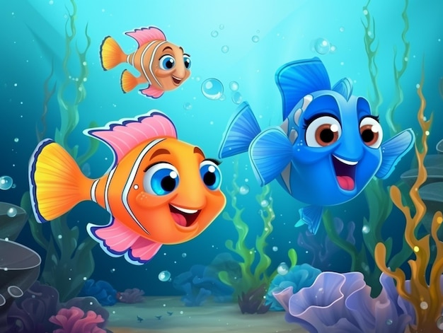 Zdjęcie wiele egzotycznych ryb, postaci z kreskówek w scenie podwodnej z koralowcami