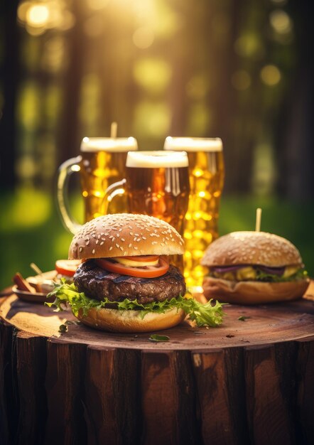 Wiele hamburgerów i piw na świeżym powietrzu na pełnym drewnianym stole natury Generative Ai
