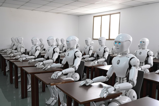 Wiele humanoidowych robotów siedzących w klasie futurystycznej edukacji
