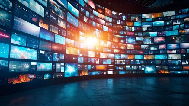 Zdjęcie wiele inteligentnych telewizorów na dużej cyfrowej ścianie