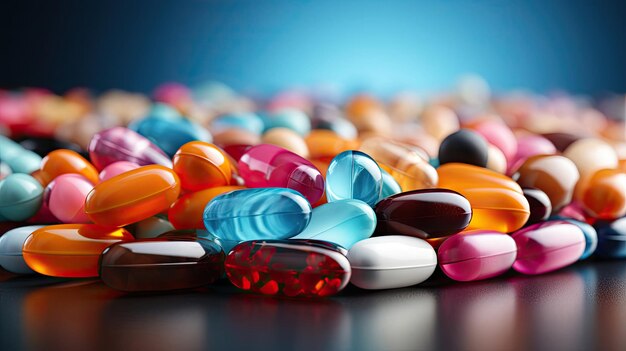 Zdjęcie wiele kolorowych tabletek i pigułek leków koncepcja leczenia i pierwszej pomocy dla ludzi