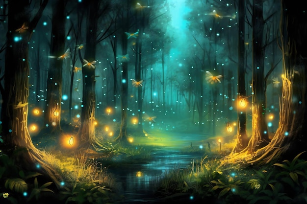 Wiele małych świetlików w ciemnym magicznym lesie
