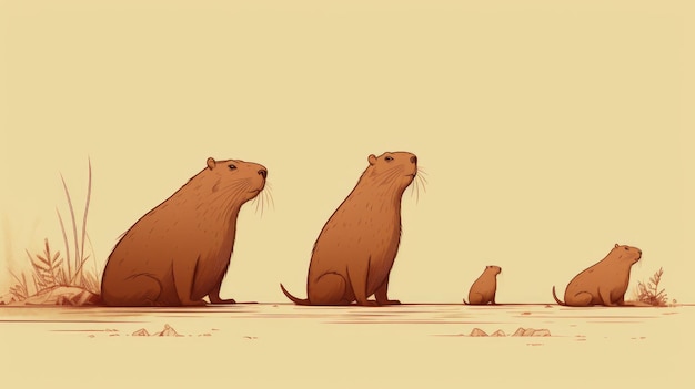 Wiele minimalistycznych ilustracji z capybarami w kolorze brązowym