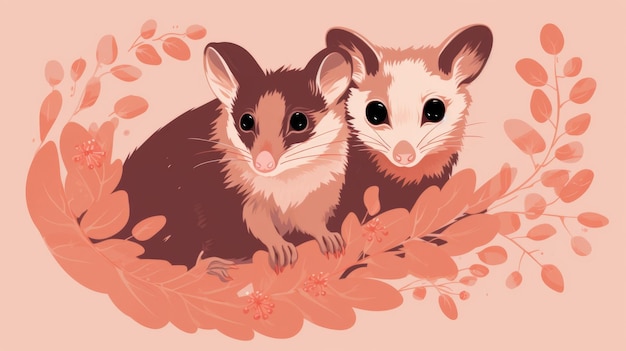 Wiele minimalistycznych ilustracji z oposumami w kolorze Copper Rose