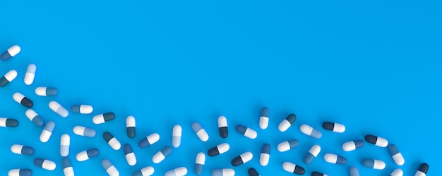 Wiele niebieskich tabletek wylewa się w kształcie fali na niebieskim tle, ilustracja 3d