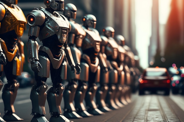 Wiele nowoczesnych futurystycznych męskich robotów humanoidalnych z metalowym strojem Sztuka generowana przez sieć neuronową