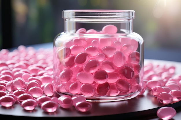 Zdjęcie wiele okrągłych różowych płynnych tabletek na jasnym tle
