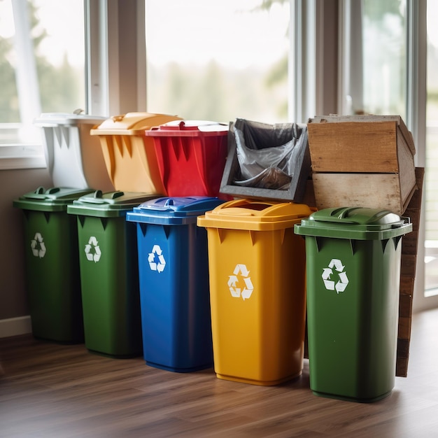 Wiele Pojemników Na śmieci Z Sortowanymi śmieciami Sortowanie śmieci Koncepcja Ekologii I Recyklingu Generatywny Ai